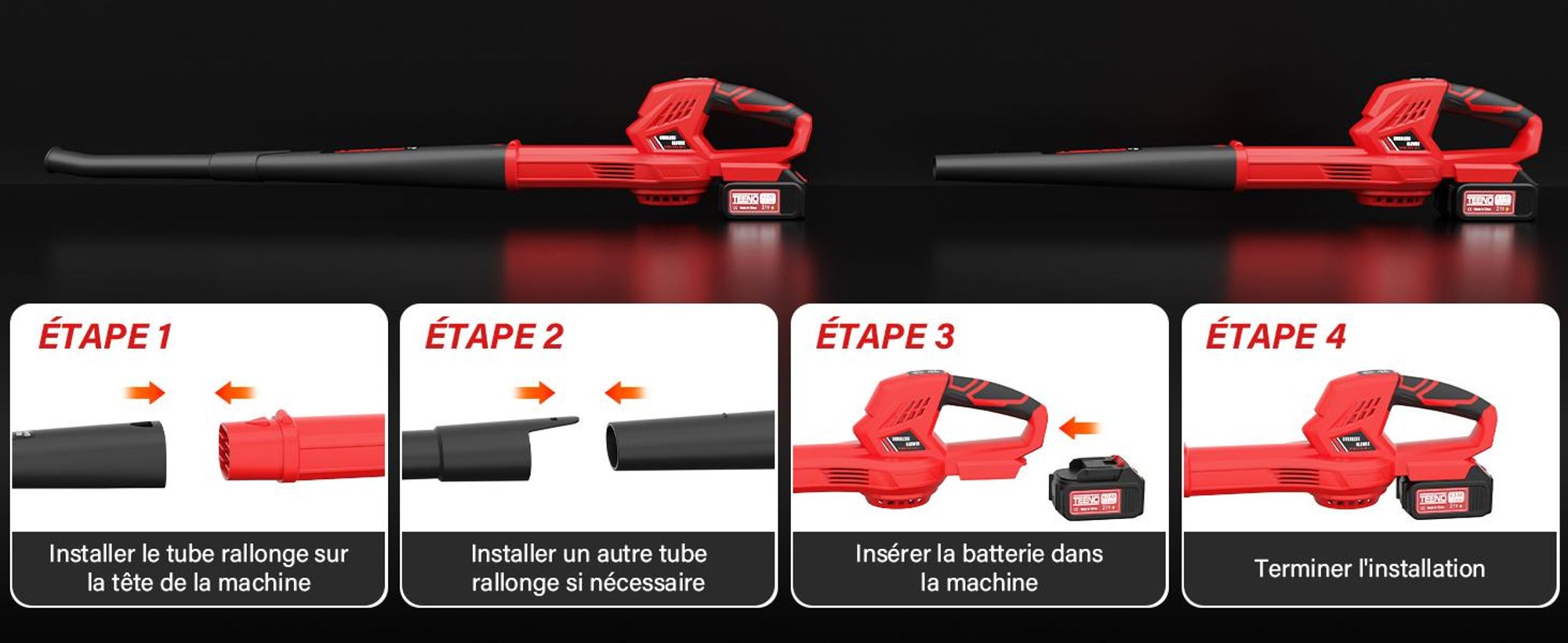 TEENO Souffleur de Feuilles Rechargeable, 21 V, 4,0 Ah, 6 Modes de Vitesse, Vitesse du Vent jusqu'à 210 km/h, Tuyau de soufflage Amovible