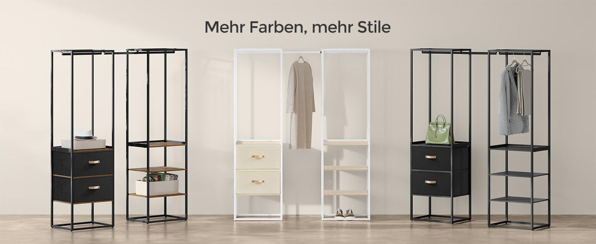 SONGMICS Kleiderständer, mit 1 ausziehbare Stange, 2 Schubladen, 4 Ablagen, hochbelastbar, platzsparend, Naturbeige