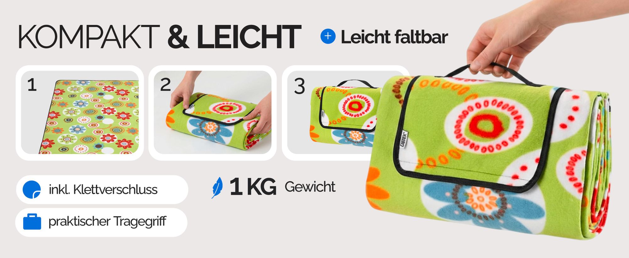 DETEX® Picknickdecke Campingdecke XXL 200x200 cm Wasserdicht Wärmeisoliert Waschbar Fleece Faltbar für 4-6 Personen Garten Stranddecke Blumen