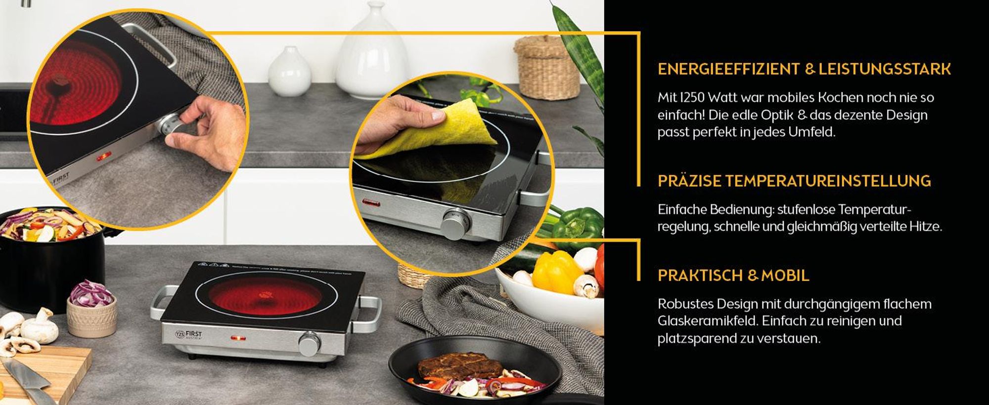TZS First Austria Dubbele Kookplaat Infrarood 2500W - Kristalglas Met Oververhittingsbeveiliging