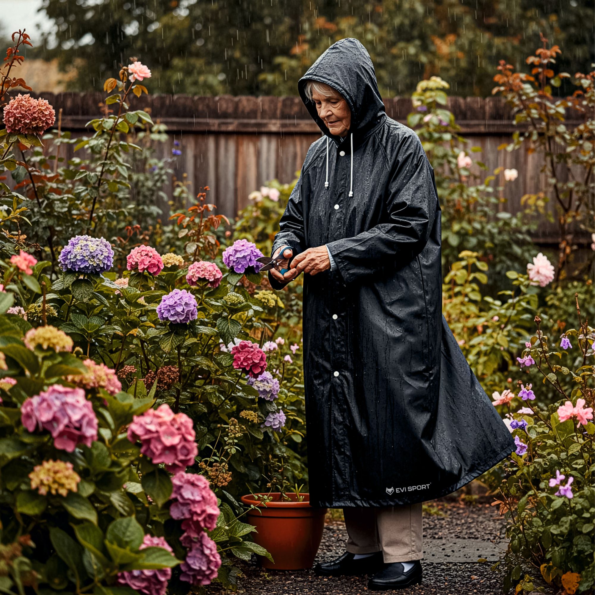 Regenponcho Damen Herren, Regenmantel Wasserdicht aus EVA, Leichter Regenschutz mit Kapuze, EVI SPORT StormGuard Black