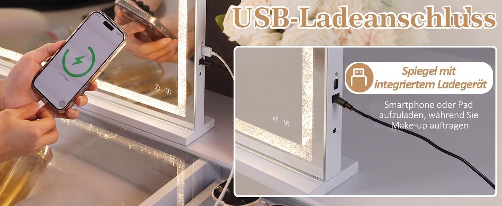 VANITII Hollywoodské kosmetické zrcadlo 80 cm x 58 cm s LED osvětlením 3 světelné režimy krystaly Bluetooth kosmetické zrcadlo do koupelny toaletní stolek Bílá