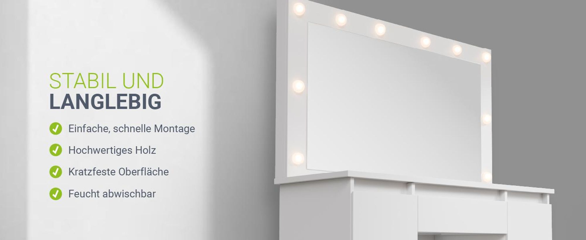 Juskys Schminktisch Lilia mit LED, 7 Schubladen & großem Spiegel – Weiß