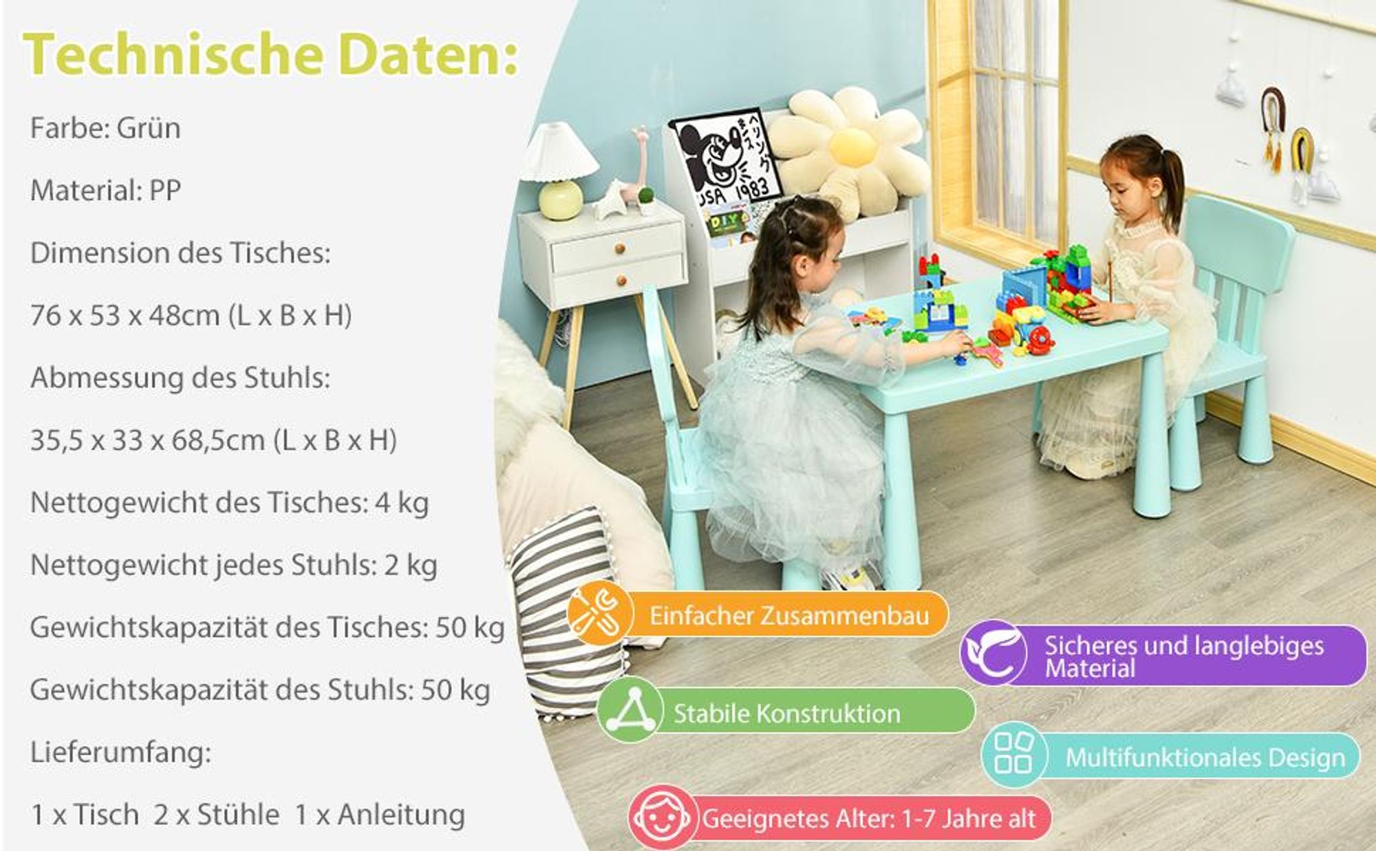 COSTWAY 3 tlg. Kindersitzgruppe, Kindertischgruppe, Kindertisch mit 2 Stühlen, Kindermöbel aus Kunststoff, Kinder-Tischset für Kinderzimmer Grün