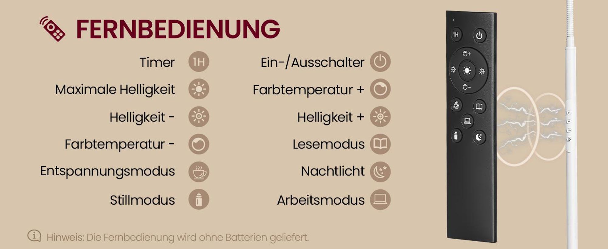 VASAGLE Leselampe mit Fernbedienung, höhenverstellbare Stehleuchte, Schwanenhals, Timer, für Wohnzimmer, weiß