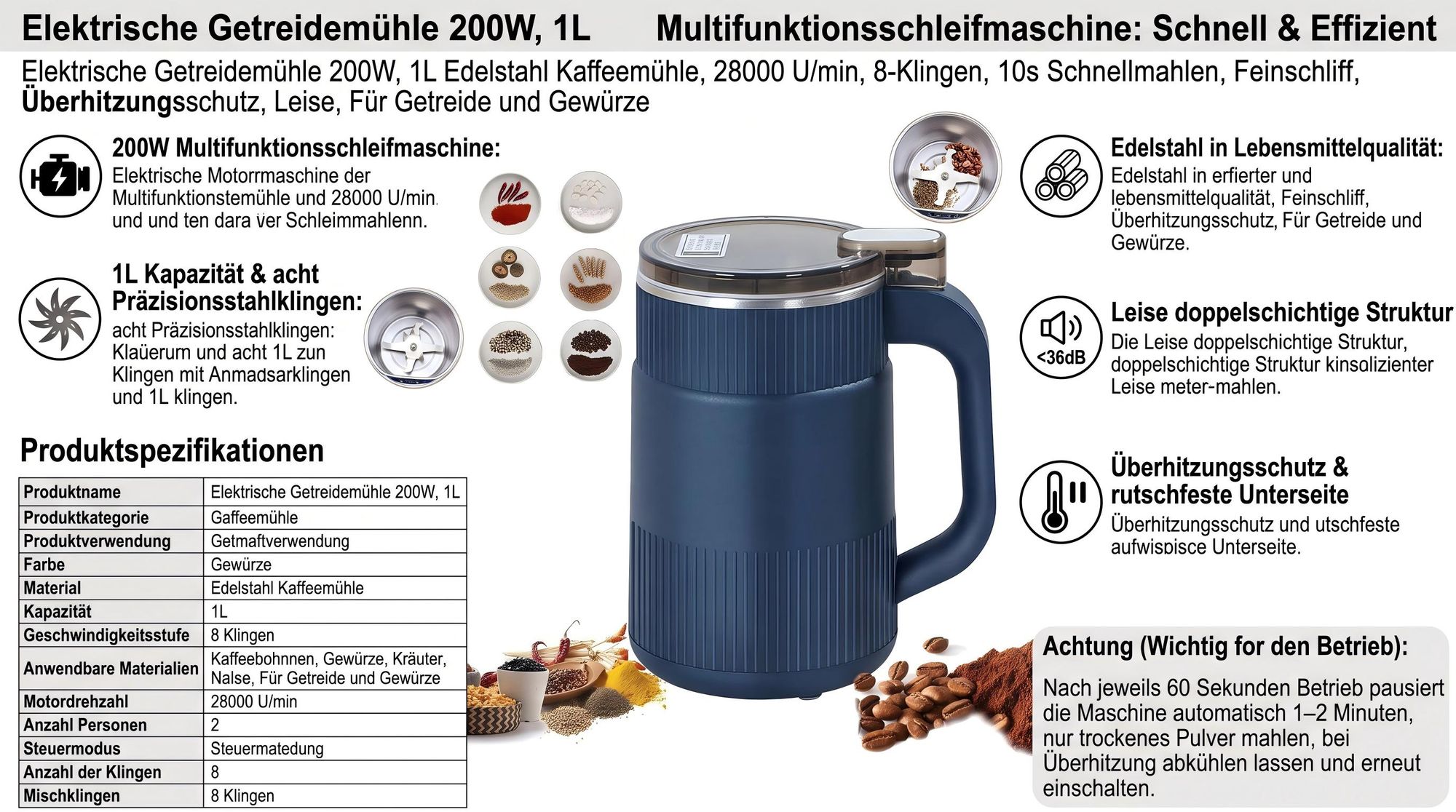 Elektrische Getreidemühle 200W, 1L Edelstahl Kaffeemühle, 28000 U/min, 8-Klingen, 10s Schnellmahlen, Feinschliff, Überhitzungsschutz, Leise, Für Getreide & Gewürze