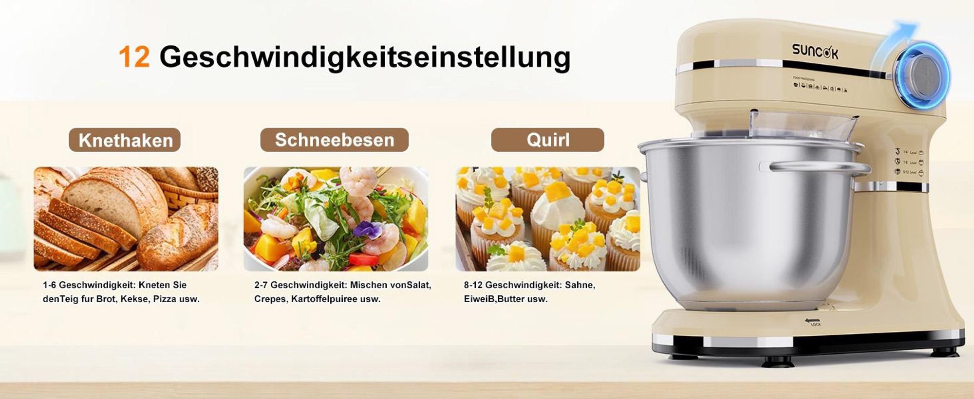 SUNCOK Multifunktions Küchenmaschine,1500W, 2 Edelstahl-Rührschüssel 4.5L+5.5L, 12 Geschwindigkeiten, mit Rührhaken,Knethaken,Schneebesen,Spritzschutz
