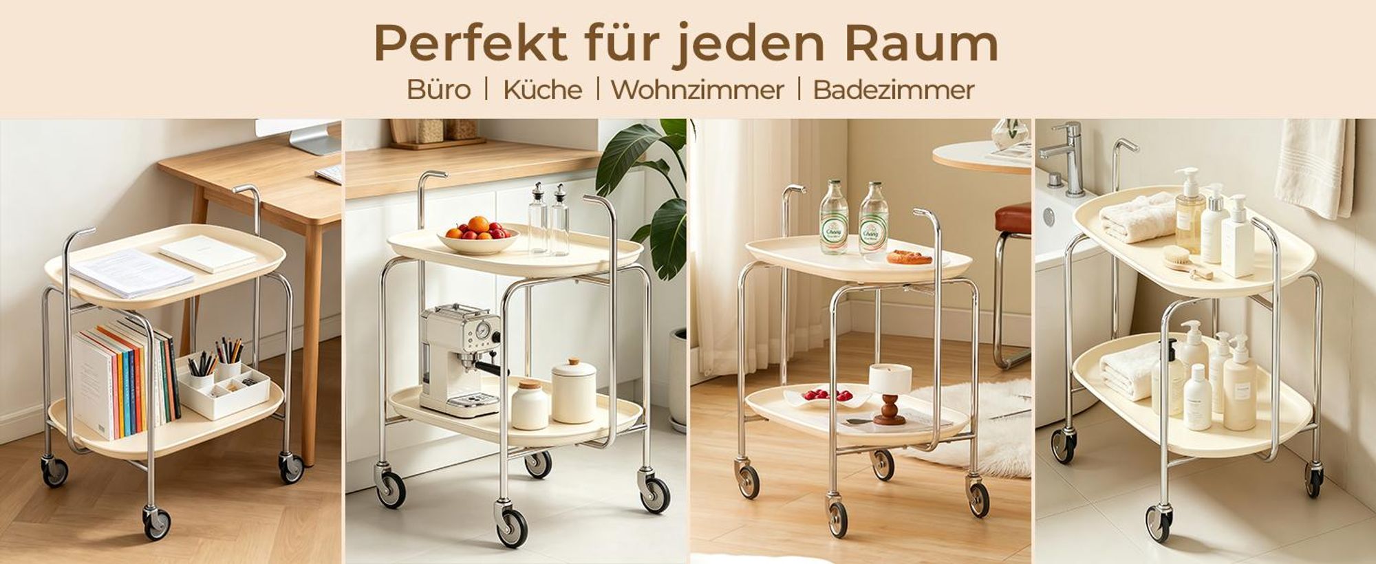 Küchenwagen mit Rollen, Servierwagen Transportwagen Teewagen mit 2 Etagen, Kaffee Erfrischungswagen für Büro, 65x40x70cm, Weiß