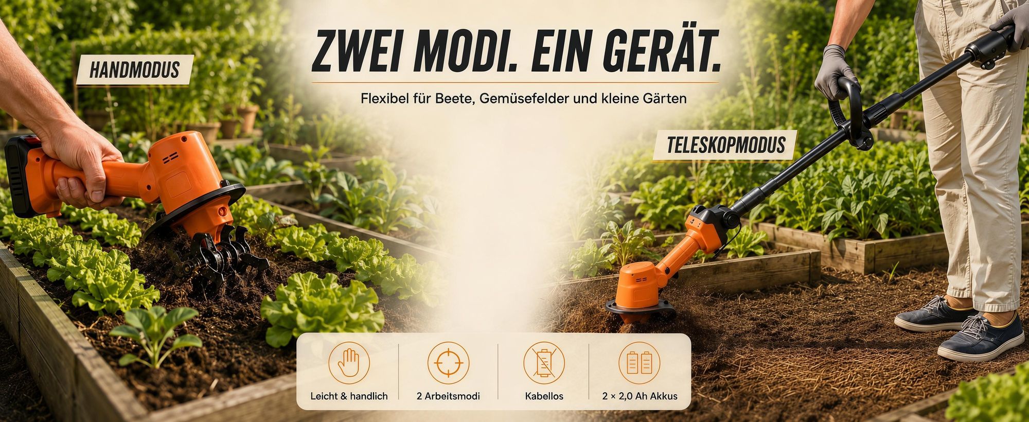 2-in-1 Akku-Bodenfräse, 100mm, elektrische Gartenfräse Mit 2 Stangen, 235 U/min, batteriebetriebener Rototiller für Gartenarbeit, 2 Akku und Ladegerät