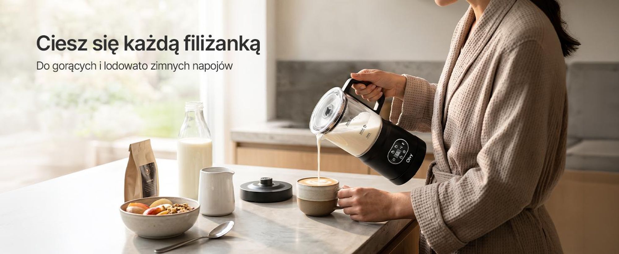 Olvy Electric Milk Frother ze Szkła 4 w 1, 500 W, Wyświetlacz Temperatury, Spienia 160 ml, Podgrzewa 400 ml, Ciepła i Zimna Pianka, Czarny