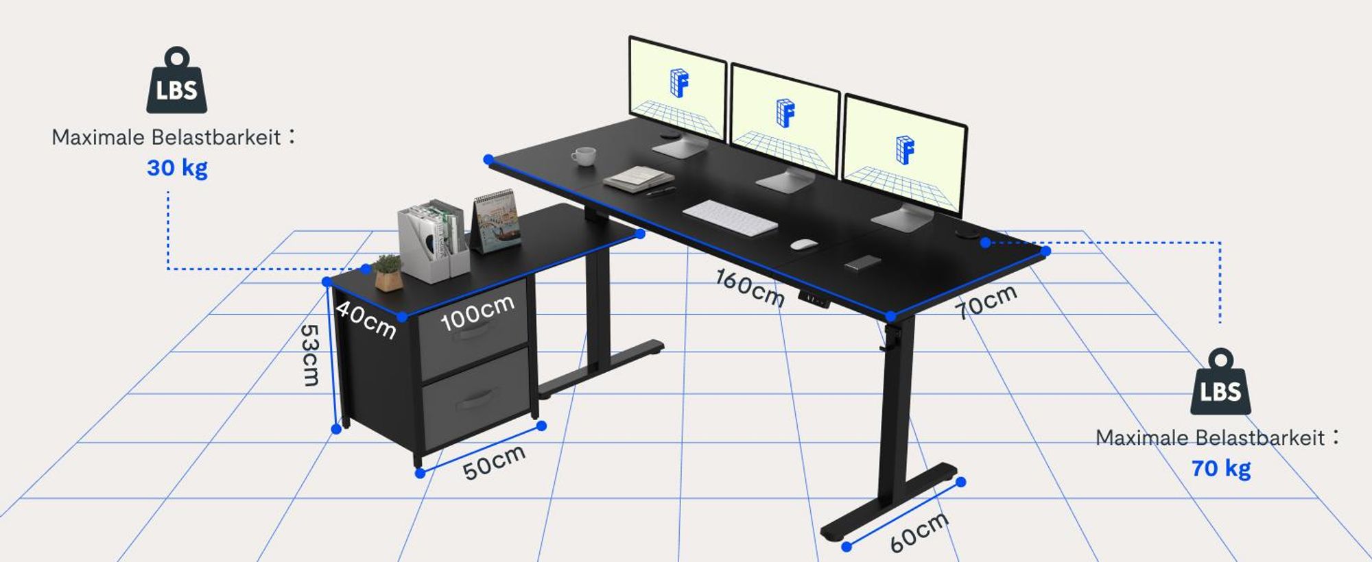 FLEXISPOT Höhenverstellbarer Schreibtisch 160 x 70 cm elektrisch höhenverstellbar L-förmig mit Schubladen&Stauraum umkehrbar Steh-Sitz Tisch Schwarz