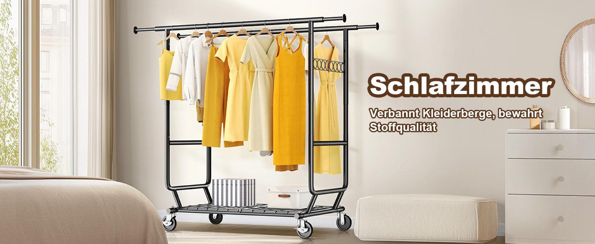 HOKEEPER Schwerlast Kleiderständer auf Rollen, Doppelter Kleiderstange,bis 283 kg belastbar (D002K)