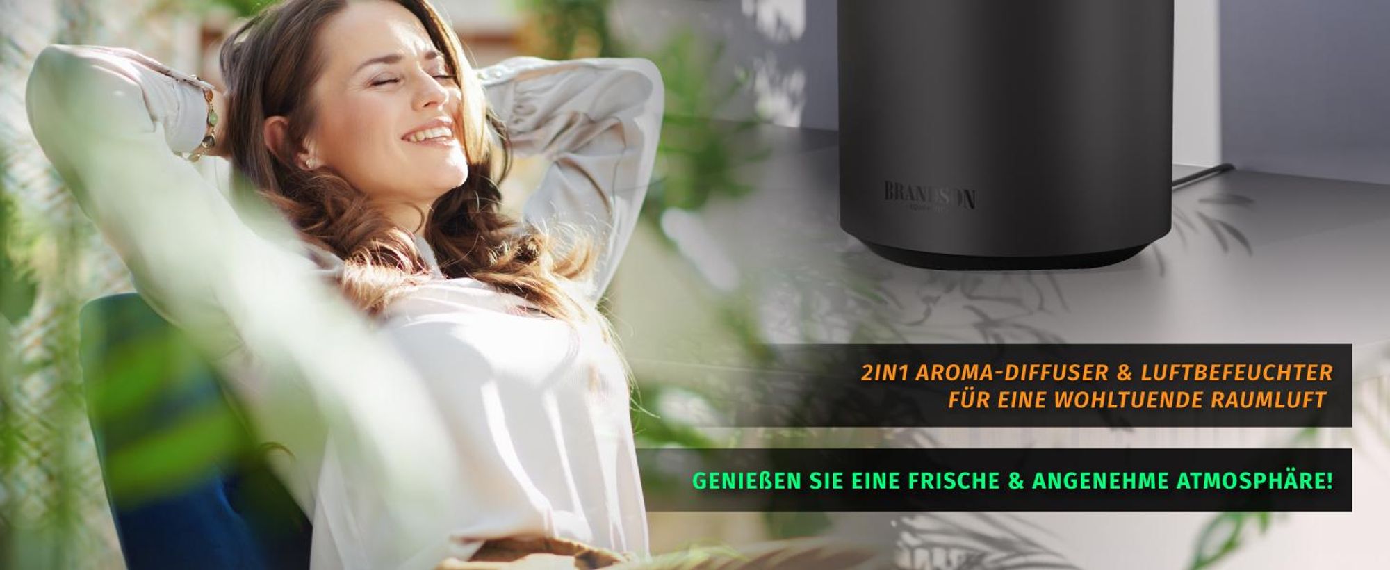 Brandson Luftbefeuchter 2,5 l mit Aroma Diffuser, Ultraschall, 2 schaltbare Nebelausgänge, bis 50 h pro Tankfüllung, 7 LED-Farben, leise unter 30 dB, USB-C, schwarz