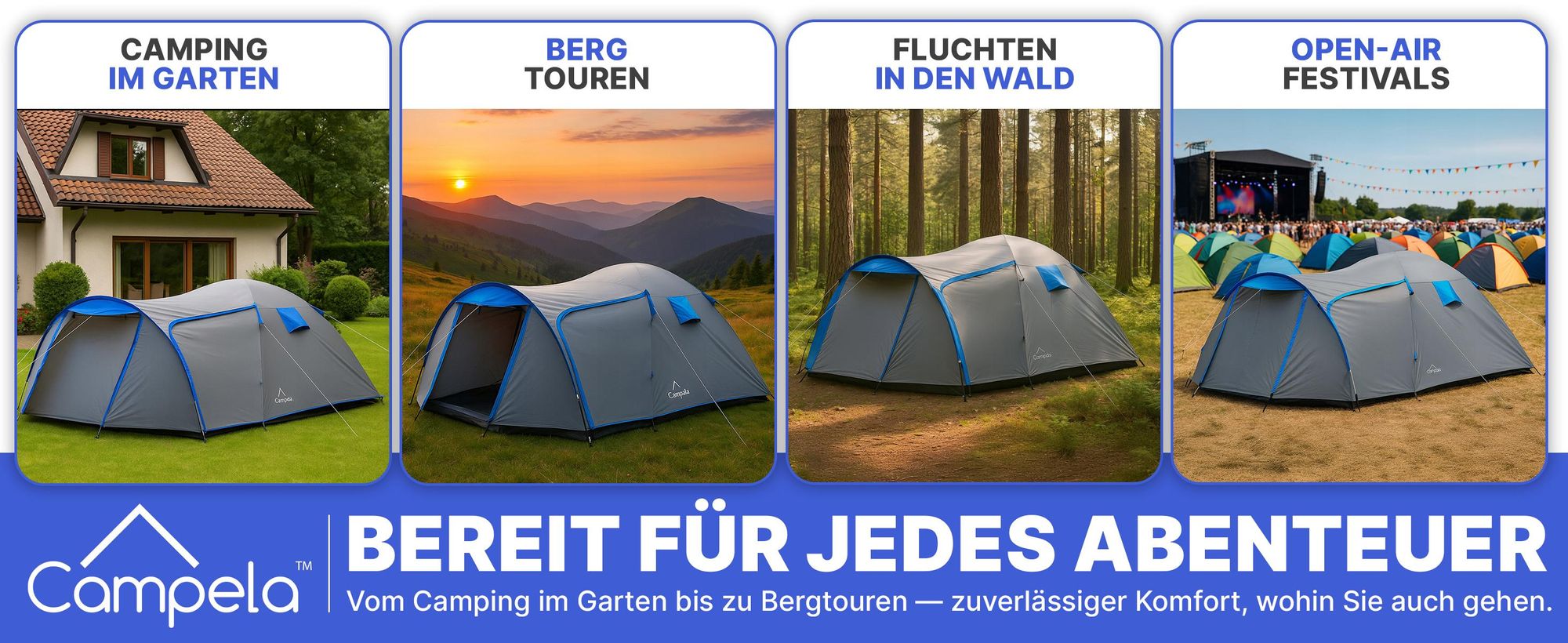 Campela Tropical 4 Familienzelt – 4-Personen-Touristenzelt mit Vorraum, wasserdicht 3000 mm, graues Polyester