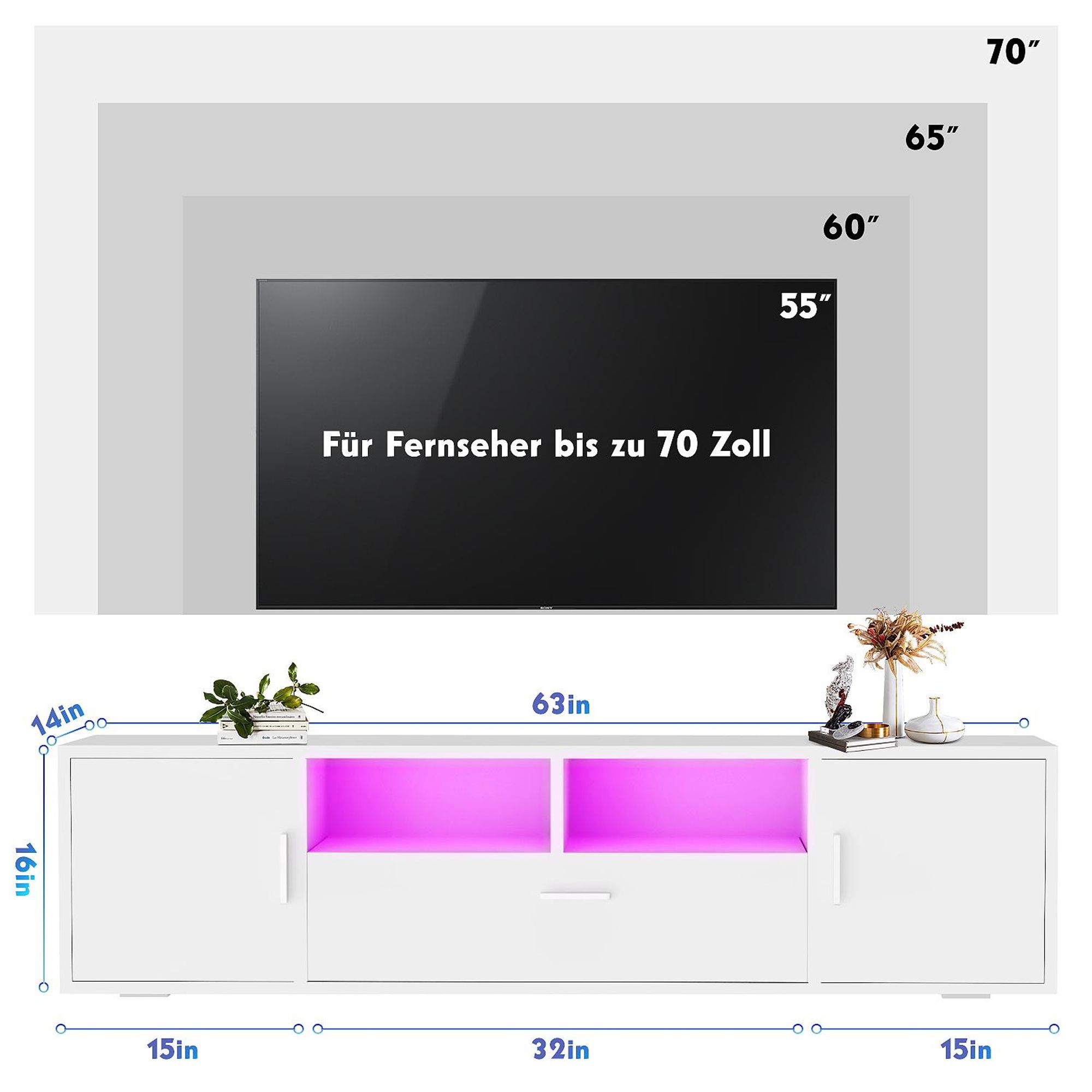 OYAJIA 160cm TV-Schrank Fernsehkommode, Hochglanz TV Schrank, mit 16 Farben LED Beleuchtung 2 offenes Regalfach,3 Ablagen mit Griff Klapptüren