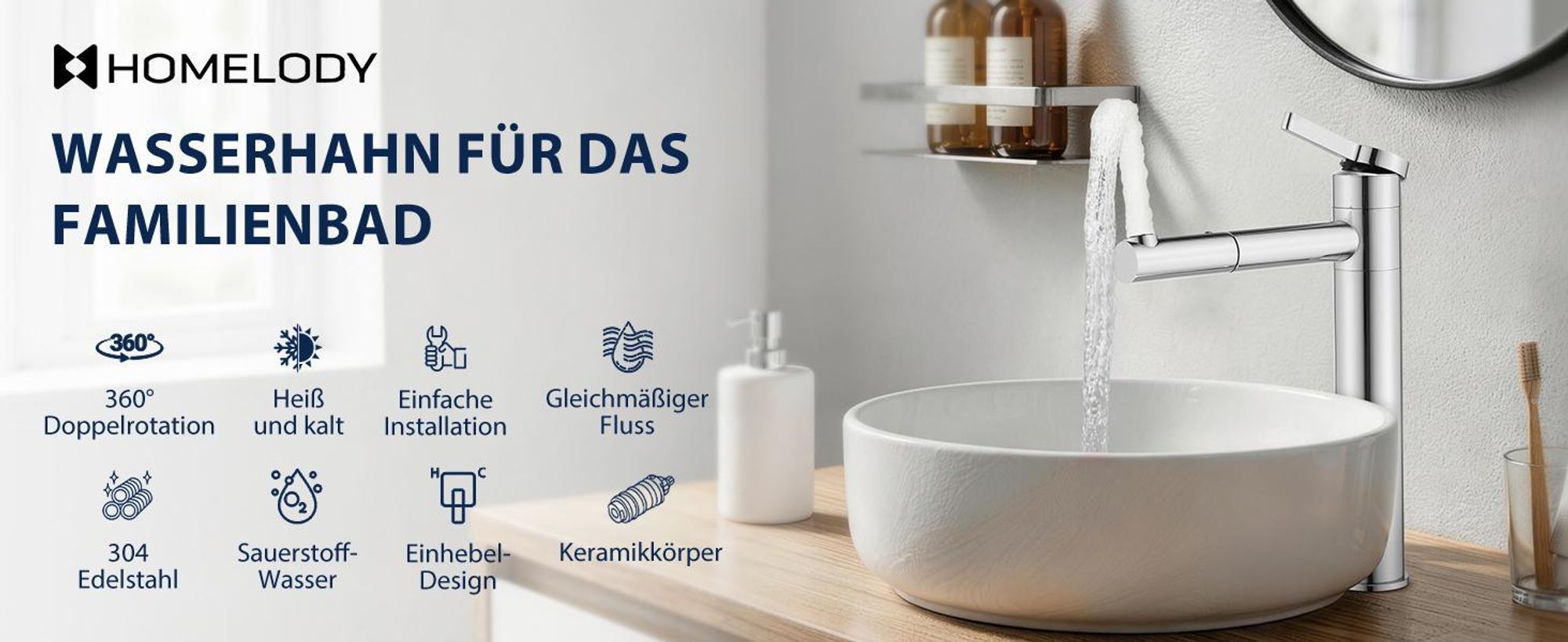 Homelody 2*Wasserhahn Bad hoch 360° drehbar Waschtischarmatur Mischbatterie Badarmatur für Bad, Waschbecken Armatur Chrom