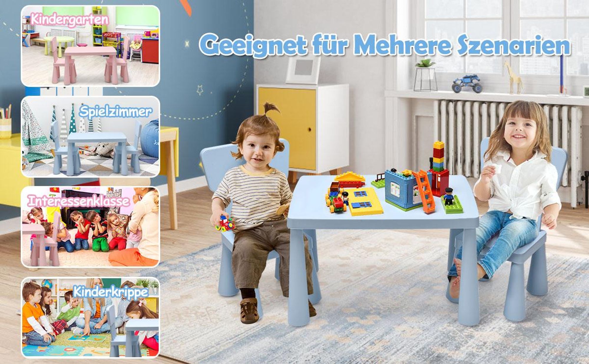 COSTWAY 3 tlg. Kindersitzgruppe, Kindertischgruppe, Kindertisch mit 2 Stühlen, Kindermöbel aus Kunststoff, Kinder-Tischset für Kinderzimmer Rosa