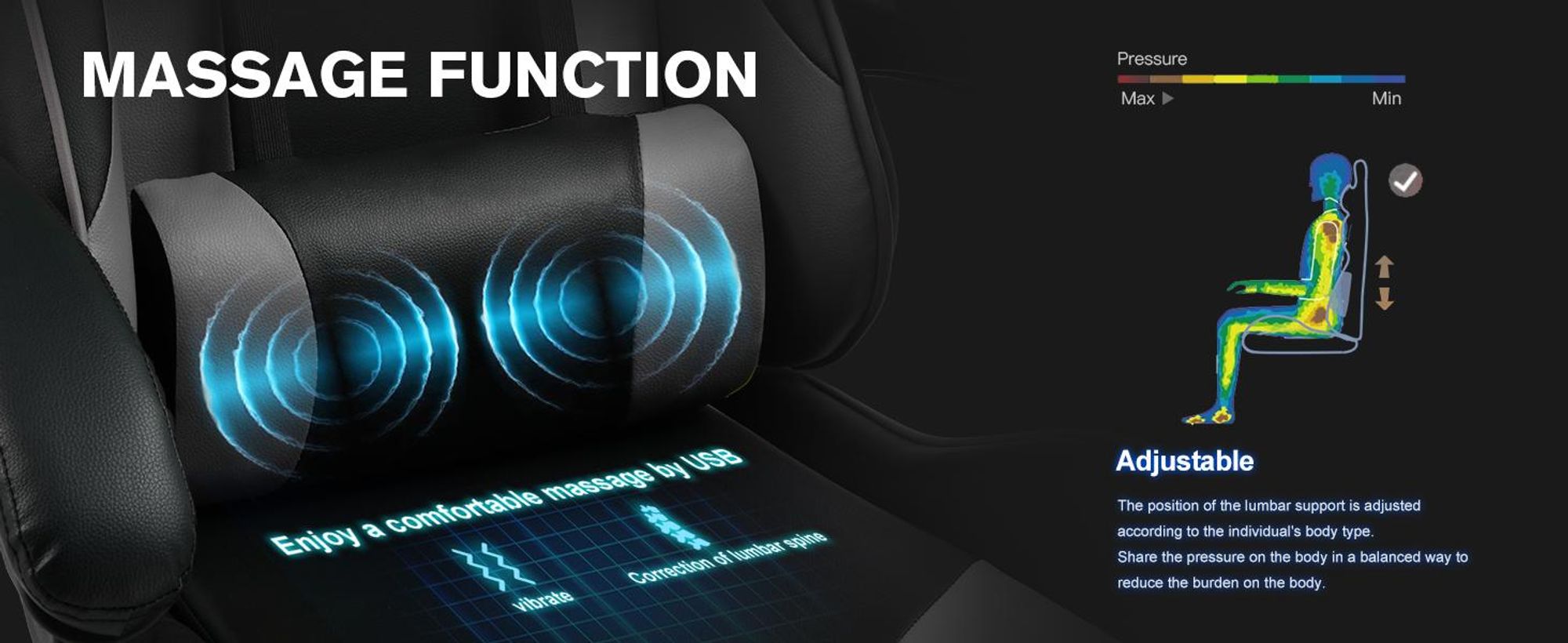 GTPLAYER fotel gamingowy, ergonomiczny fotel biurowy z funkcją masażu i podnóżkiem, rama z uchwytami, stalowa podstawa, szary