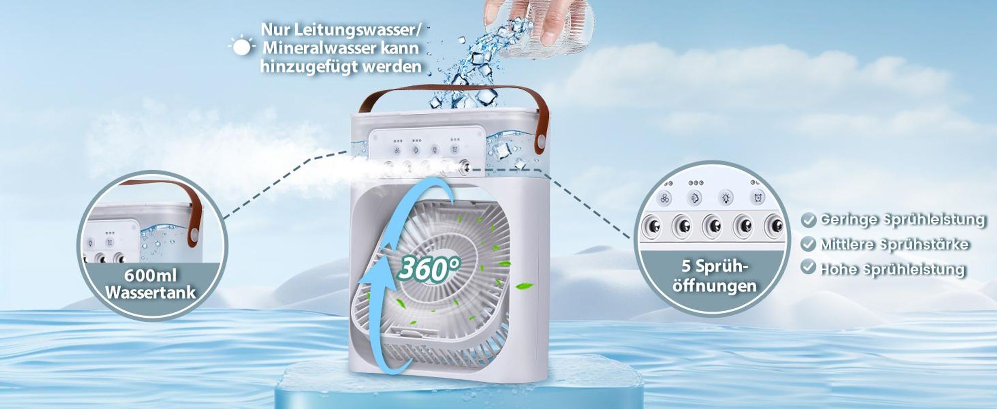 Standventilatoren, Luftkühler mit Wasserkühlung, Ventilator, mit 600 ml Wassertank, 3 Geschwindigkeiten, 7 Farben Nachtlicht, mit Wassernebel Spray