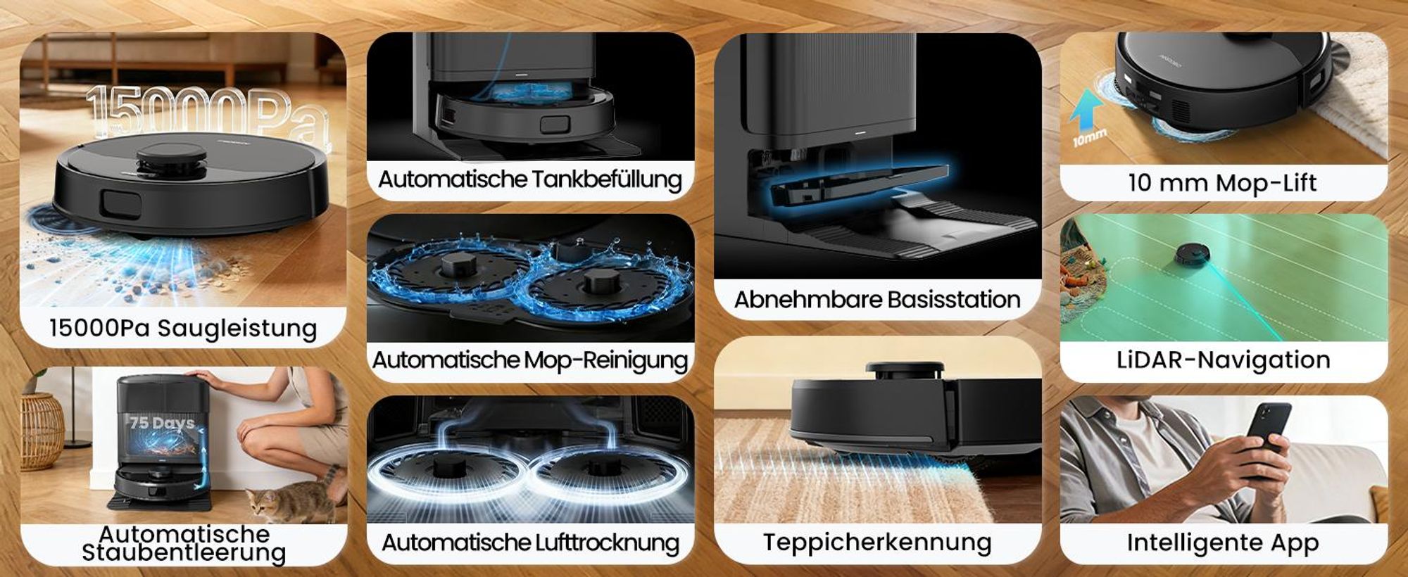 AIRROBO M2 Staubsauger Roboter, 15000Pa Saugroboter, Anti-Tangle-Bürsten, Wischroboter mit Lifting-Mopp