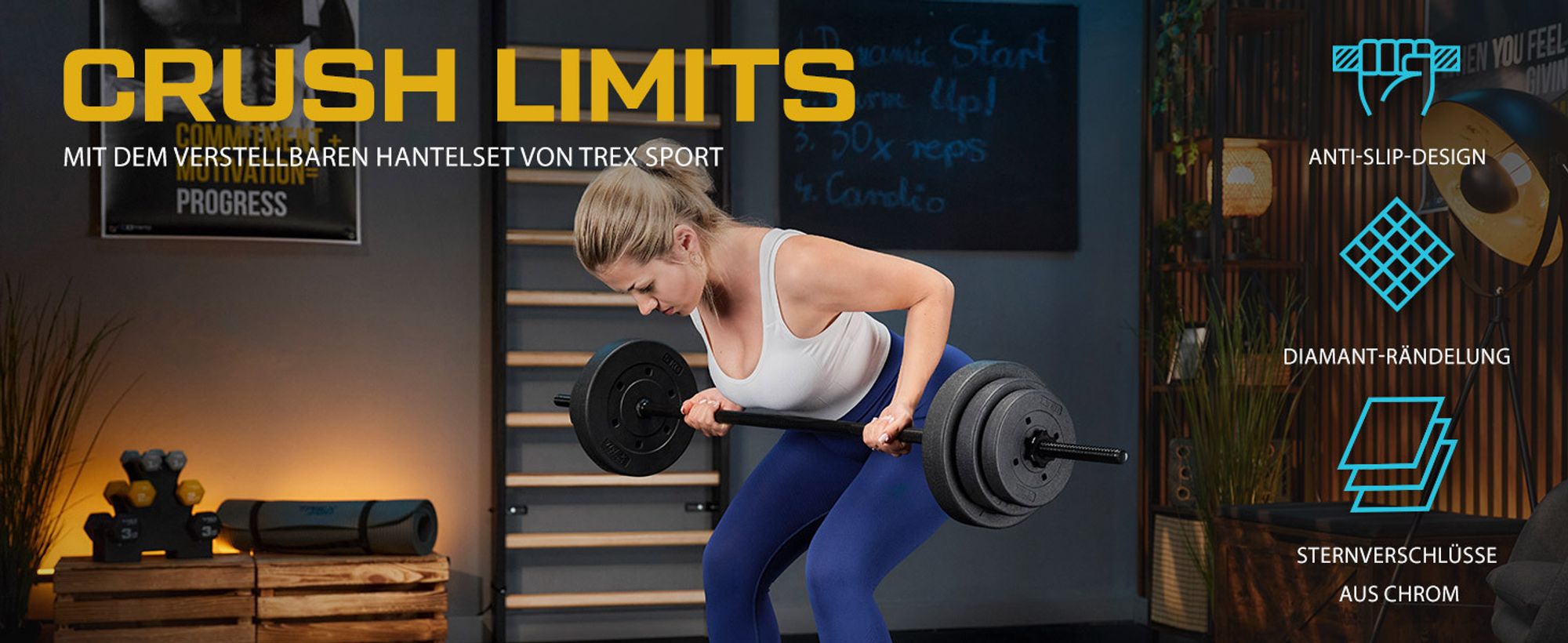 TREX SPORT Langhantelstange TX-150SP | 150cm Stahl Hantelstange für Krafttraining, 25mm |Rutschfeste Griffe, Sternverschlüsse, bis 100kg Belastbarkeit