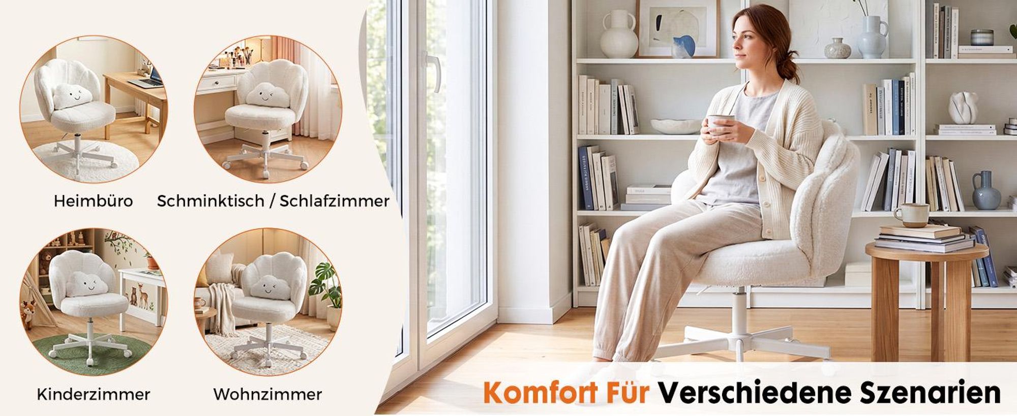 COMHOMA Bürostuhl Schreibtischstuhl, Schminkstuhl mit Rollen Doppelter Rückenlehne und Wolkenkissen, Höhenverstellbarer Drehstuhl, Teddystoff, Weiß