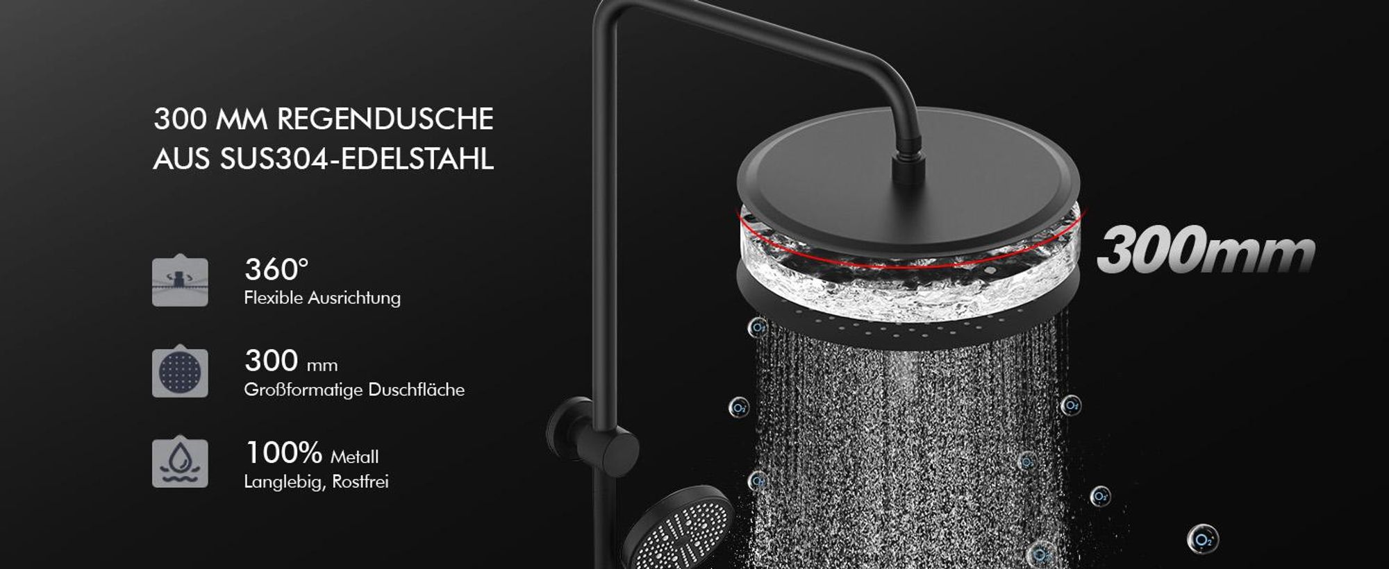 Homelody Duschsystem ohne Armatur, Duschset Duschsäule mit SUS 304 Edelstahl 30cm kopfbrause & Handbrause Rund, 3 Strahlarten, Schwarz
