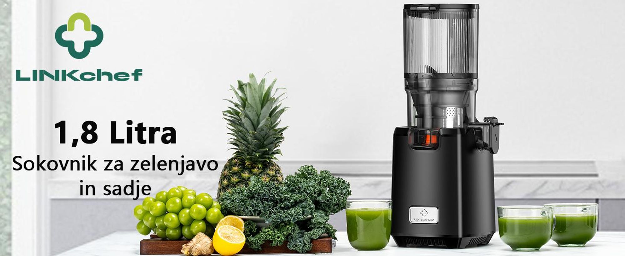 Pomalý odšťavňovač LINKChef SJ-052-EU-BL, objem 1,8 l, vhodný pro zeleninu a ovoce, trojitý filtrační systém, snadno se čistí - černý