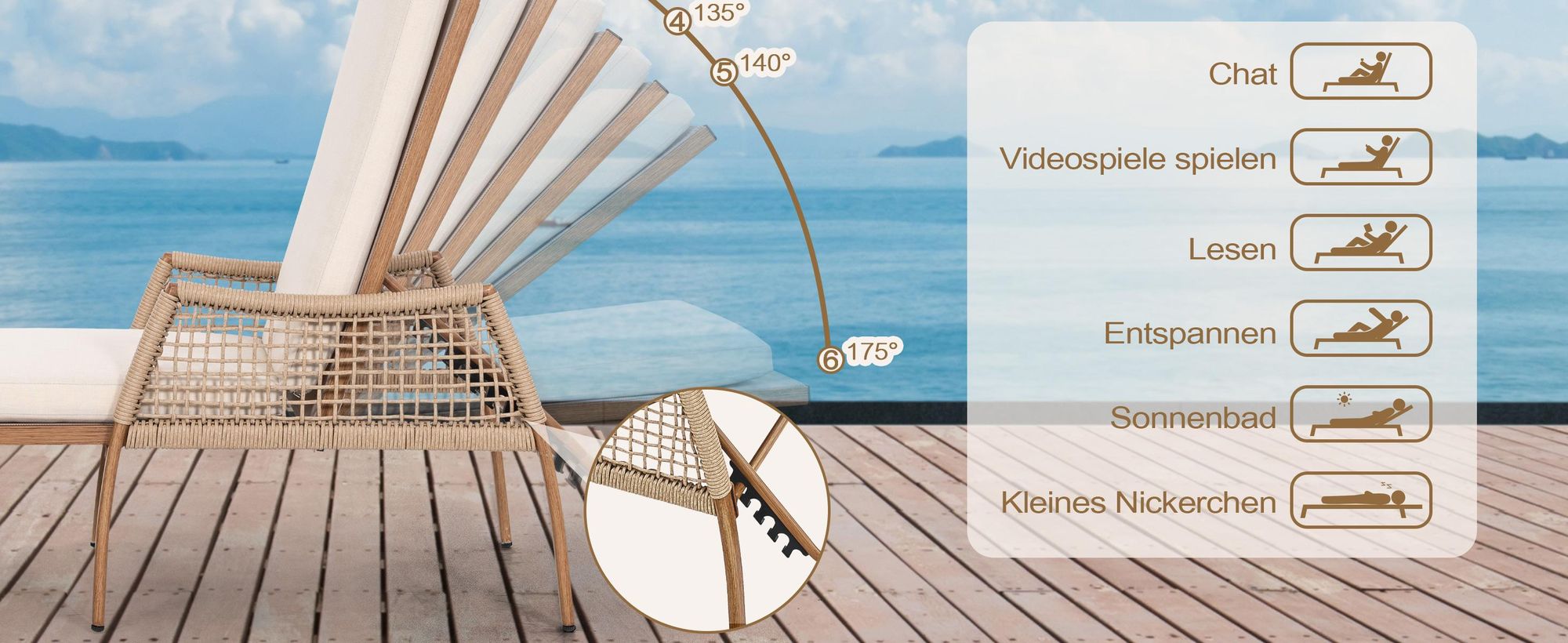 Avestar Sonnenliege, verstellbare Rückenlehne mit Kissen, handgeflochtene Rattan-Armlehnen und handgebürstetes Aluminium, Beige