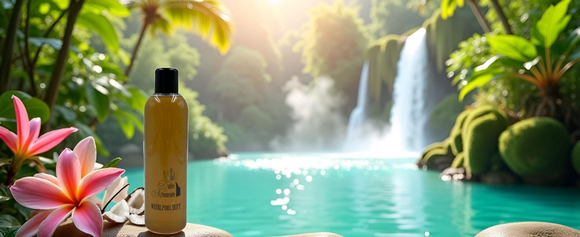 Flasche Whirlpool Duft Kokos-Vanille vor exotischer tropischer Kulisse mit See vor Wasserfall