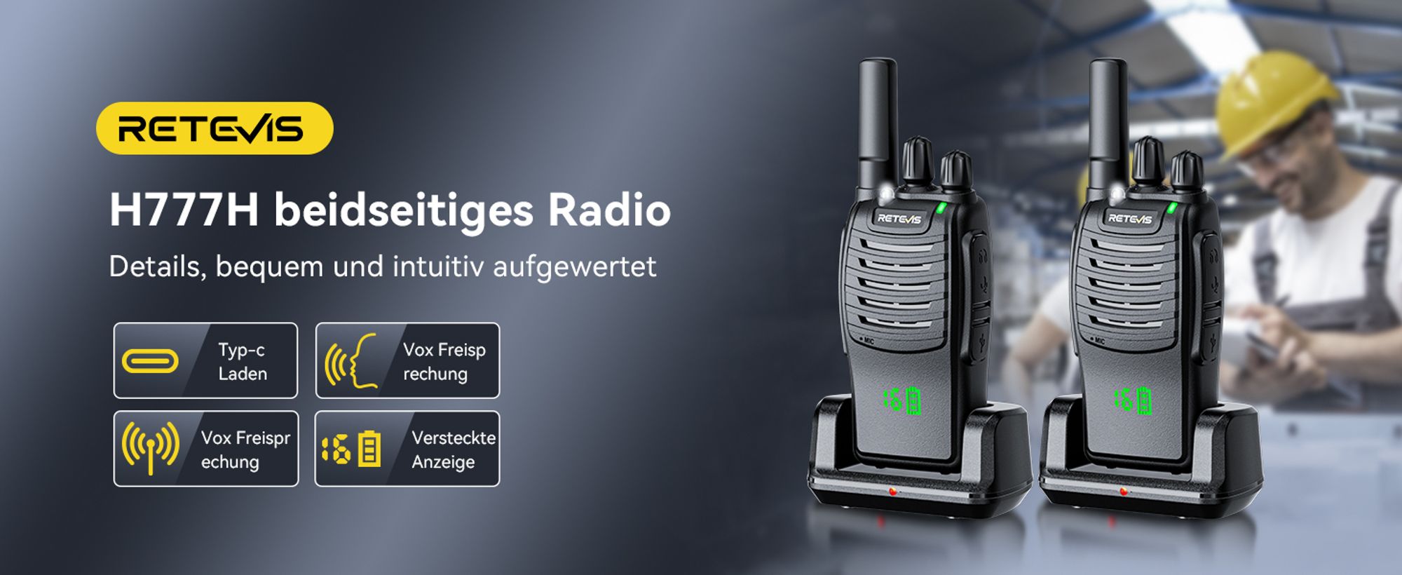 Retevis H777H Funkgeräte, Verstecktes Display mit LED, EIN-klick-Pairing, USB-C, VOX, Walkie Talkie Set für Schule, Hersteller (10 Stück, Schwarz)