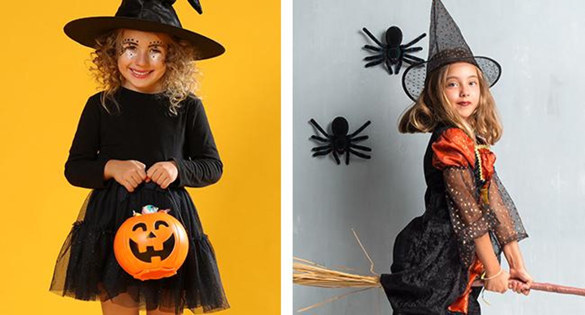 KRUMAD Halloween Hexenhut Schwarz - spitzer Zaubererhut mit Kürbis & Fledermaus Motiv, Universalgröße für Kinder & Erwachsene, Kostüm Zubehör Karneval