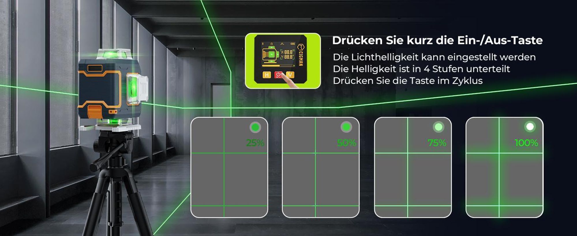 CIGMAN CM-S04 Kreuzlinienlaser 4x360° Grün mit App & LCD-Display