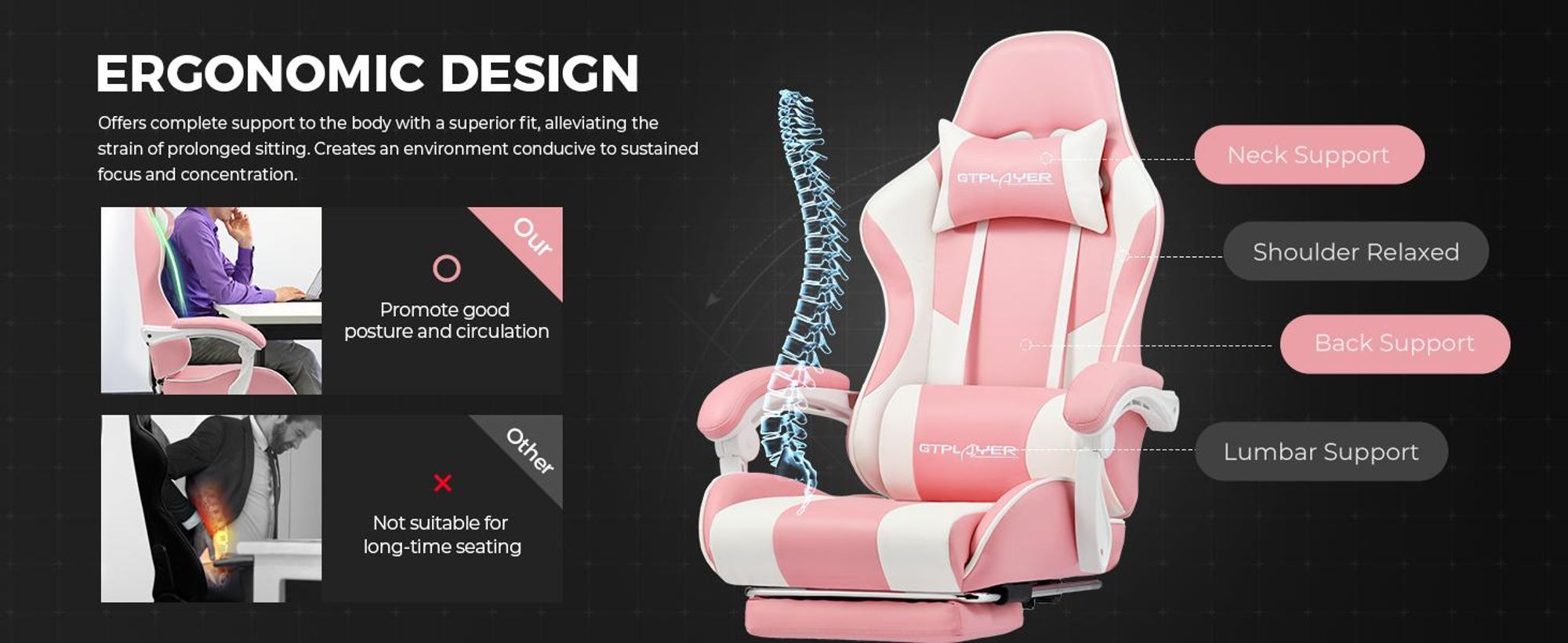 Krzesło do gier LUCKRACER, ergonomiczny fotel do gier z funkcją masażu wibracyjnego, poręcz ramy, wysuwany podnóżek różowy