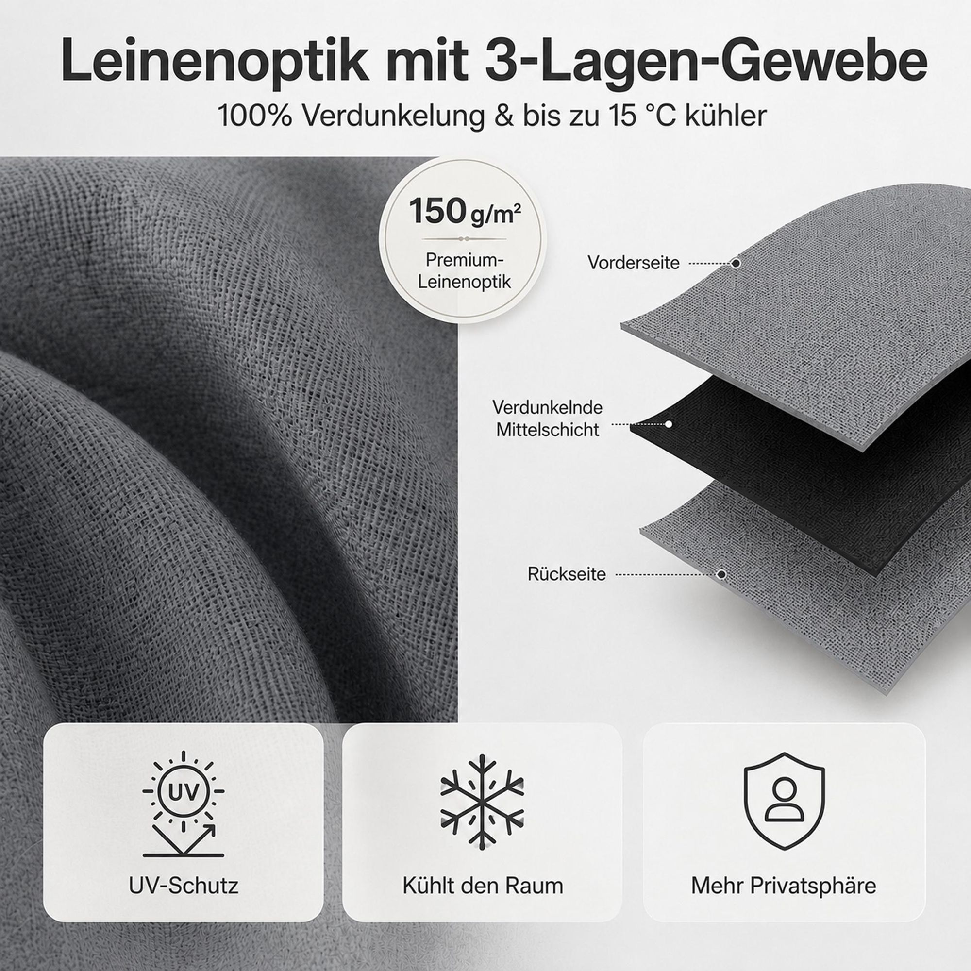 Outdoor Vorhang mit Ösen Grau 254 x 244 cm Winddicht Thermo Gardine Extra Breit 100% Verdunkelung UV Schutz Blickdicht Balkonvorhang für Pavillon Terrasse