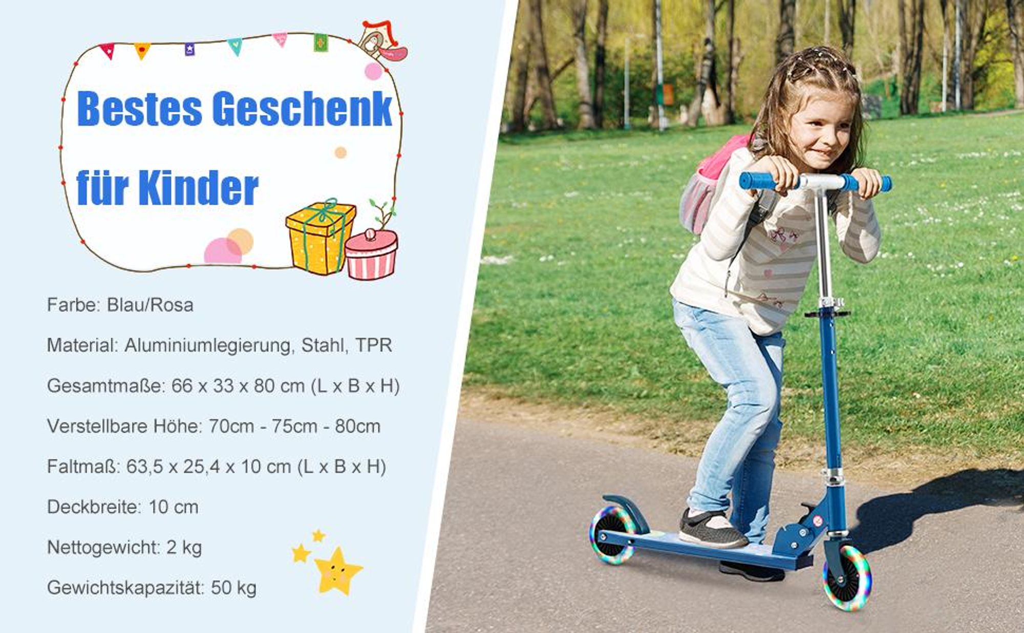 COSTWAY Scooter Kinder Roller, Tretroller mit LED-Räder, Klappbar Lenker, Höhenverstellbar Kinderroller Cityroller Kickscooter für Jungen und Mädchen ab 3 Jahren