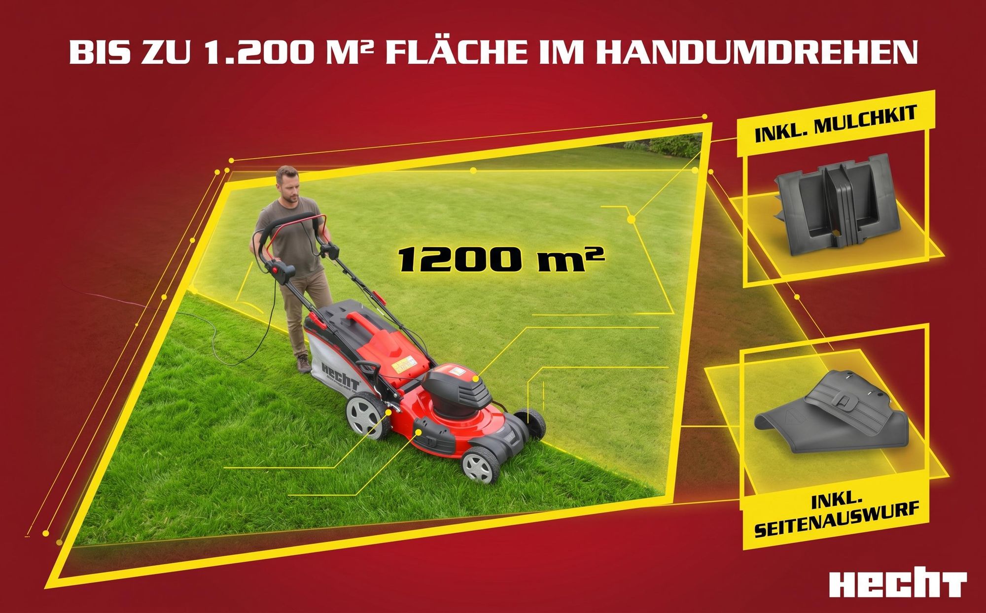 HECHT Rasenmäher Elektro mit Antrieb 1802 S | 46 cm Schnittbreite | 1800 W | 5in1 | Mulcher | 50 L Fangkorb | 3,3 km/h