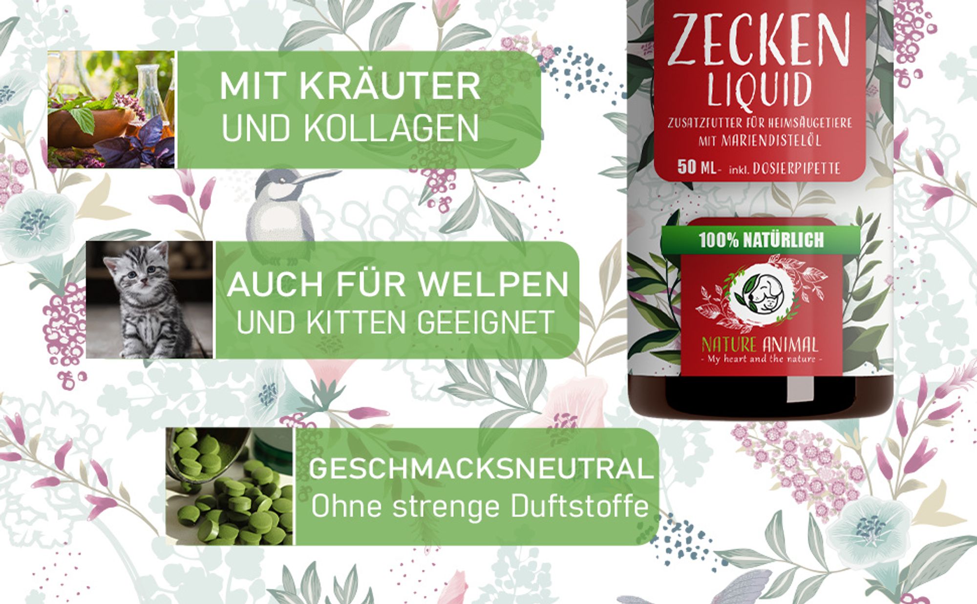 Nature Animal® Zeckenschutz Liquid – Zeckenschutz – für Hunde und Katzen – mit Sofortwirkung – natürlich – Zecken - 50 ml