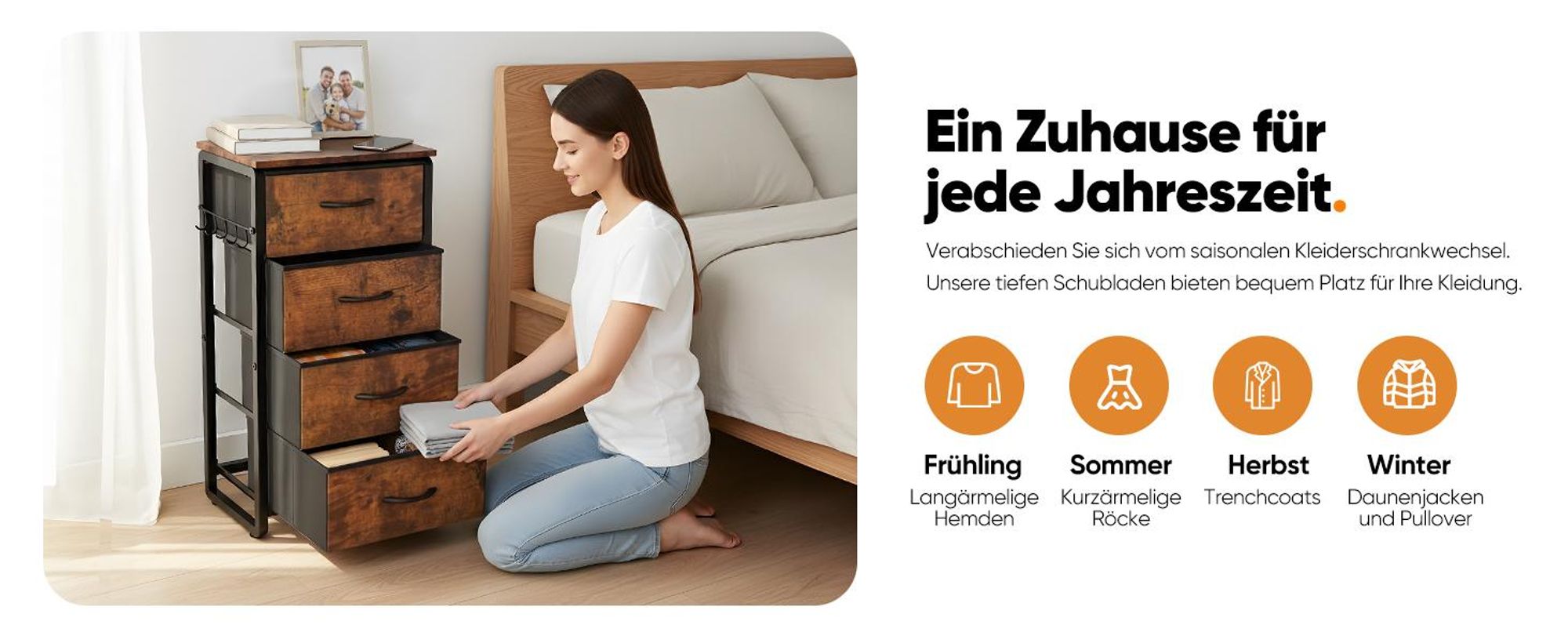 HOKEEPER Kommode, Schrank mit 4 Stoffschubladen,Sideboard, Chest of Drawers für Schränke, Komodenschrank mit Holzplatte und Metallrahmen