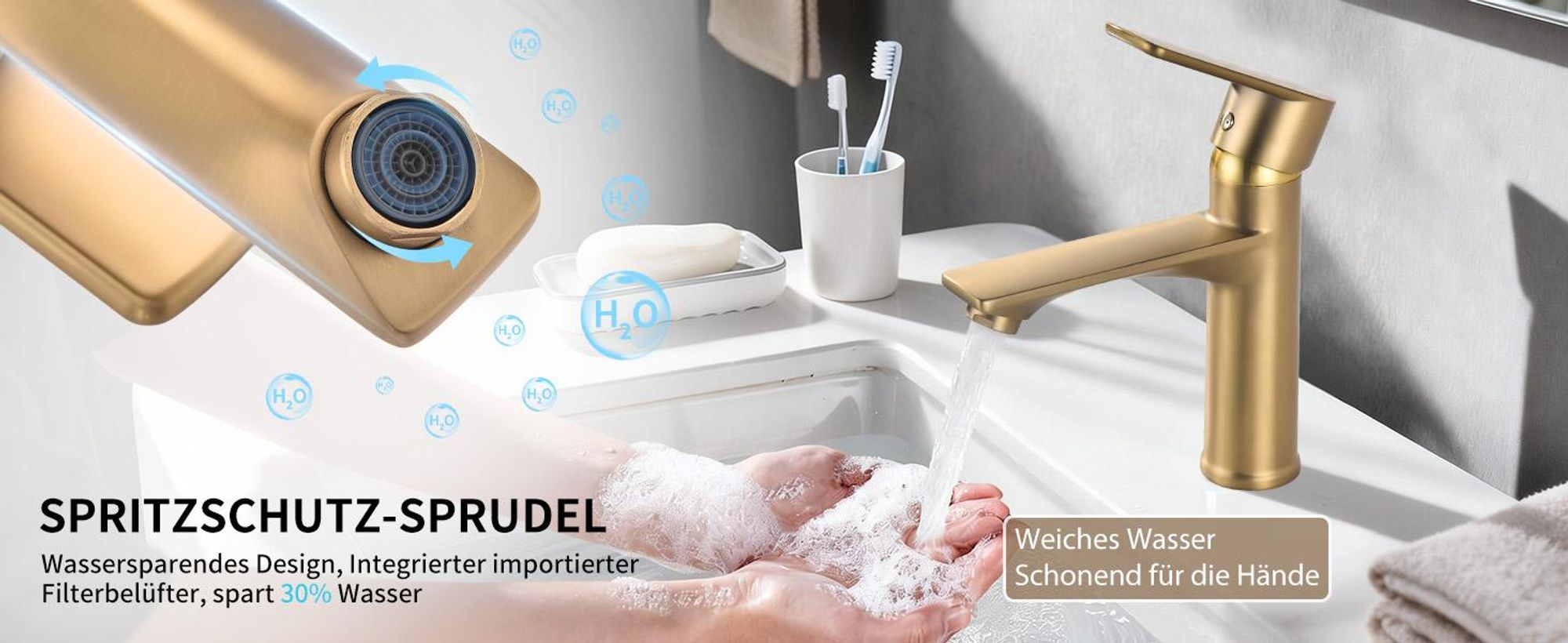 Homelody Wasserhahn bad, Mischbatterie Wasserhahn, Waschtischarmatur Einhebelmischer, Badarmatur waschbecken Spültischarmatur, Gebürstetes Gold