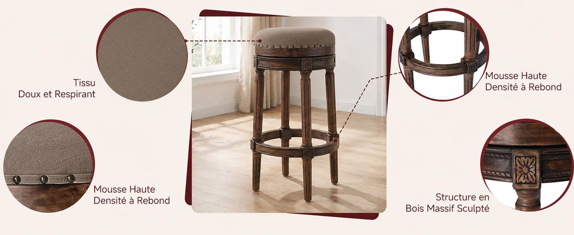 Tabouret de bar en bois pivotant, rembourré, design rétro Tabouret de bar sans dossier, antidérapant, pour cuisine et bar, 40×40×76 cm, charge maximal