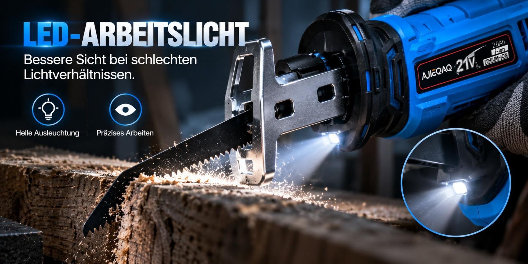 Akku-Säbelsäge 21V, 0–3000 Hübe/min, 13 mm Hub, 2×2,0Ah Akkus, LED, 4 Sägeblätter, Koffer