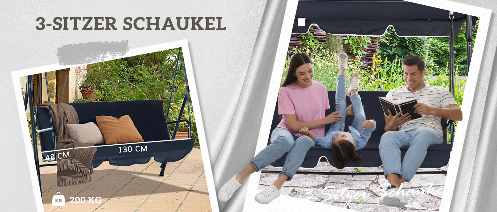 Outsunny Hollywoodschaukel Gartenschaukel 3-Sitzer mit Dach Stahl Schwarz