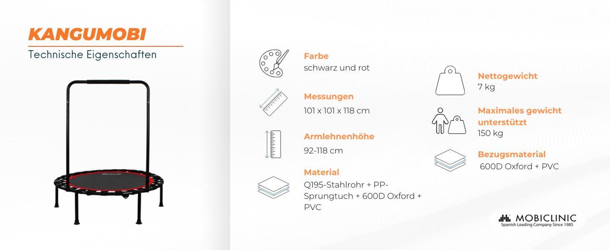 Mobiclinic Kangumobi, Fitness Trampolin, Zusammenklappbar, Indoor und Outdoor, Ø 101 cm, 2 Widerstandsbänder, bis 150 kg, mit höhenverstellbarer, Rot