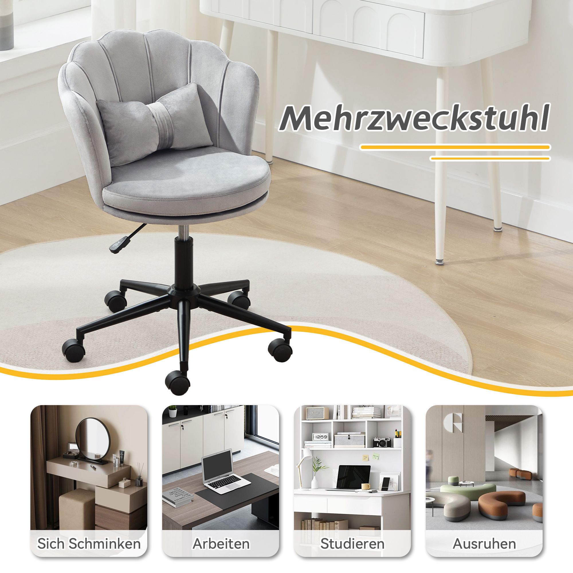 Flieks Bürostuhl ergonomisch, Stuhl drehbar Schminktisch, Schminkstuhl ohne Armlehne, Schreibtischstuh mit Blütenblatt-Rückenlehne, Grau