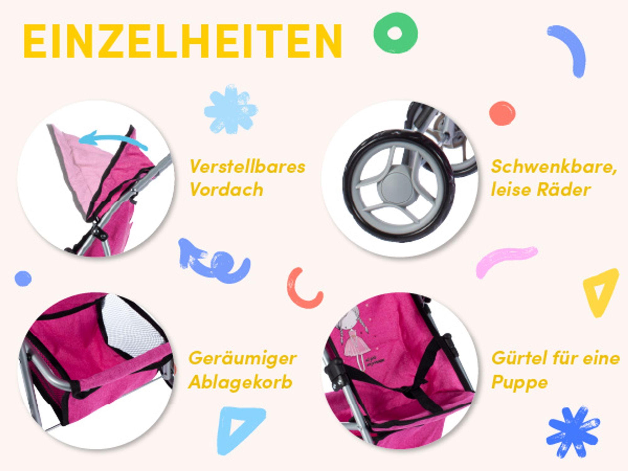 Puppenwagen mit klappbarem Verdeck in rosa