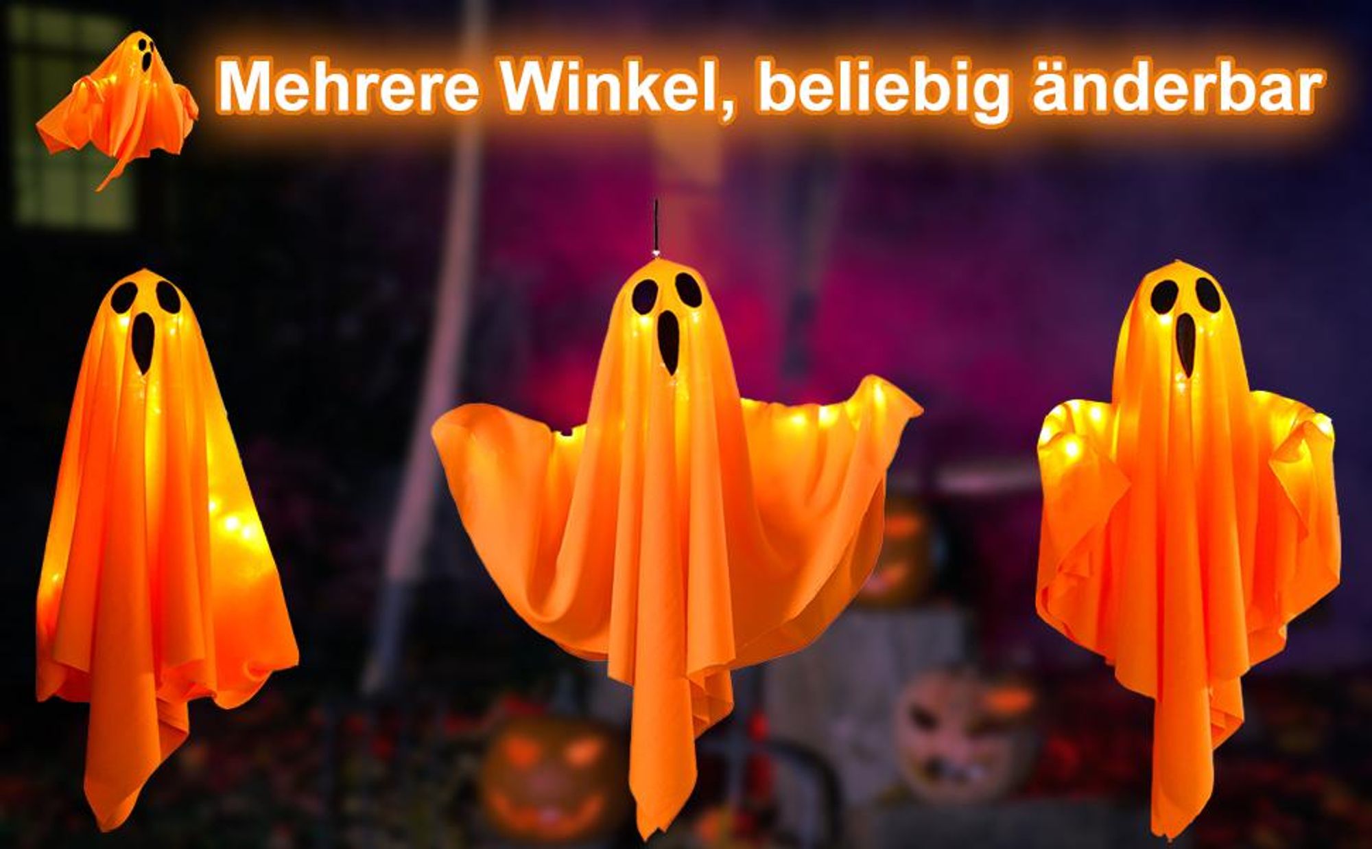 Halloween Deko, Halloween dekoration outdoor, 3 Stück 60cm Hängende Geister Windsack Mit Lichterketten, LED Scream Fliegende Geist Halloween Patio