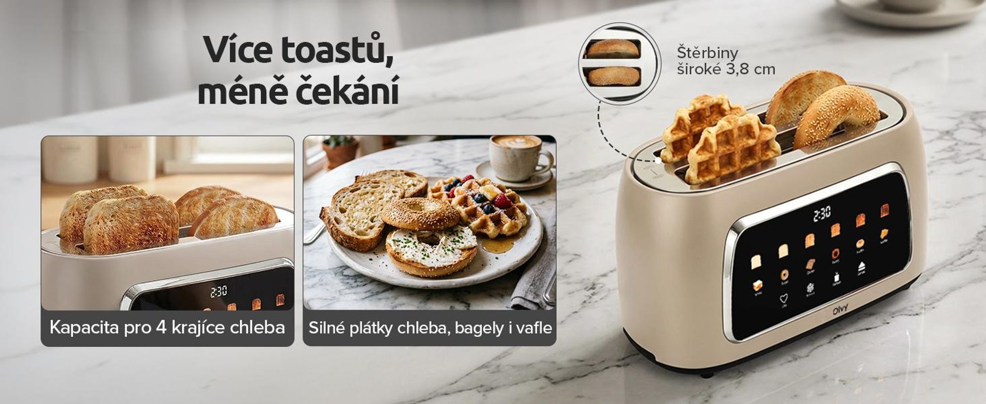 Toustovač Olvy na 4 krajíce, dlouhé otvory, digitální displej s časovačem, 6 stupňů opékání, široké otvory, funkce rozmrazování a ohřívání, 1500 W, černý