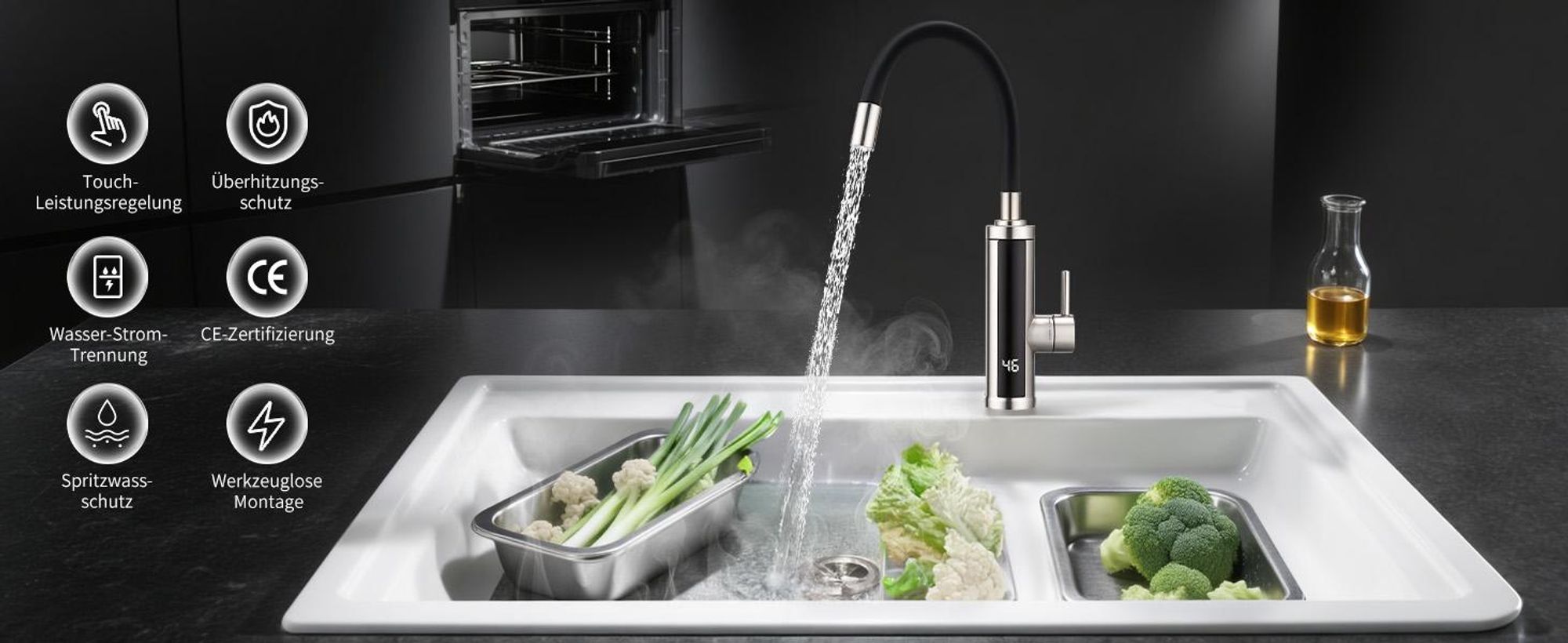 Homelody Elektrischer Wasserhahn mit Durchlauferhitzer 220V 3300W, Armatur Küche 304 Edelstahl mit 360° Flexibler Schlauch LED Temperaturanzeige
