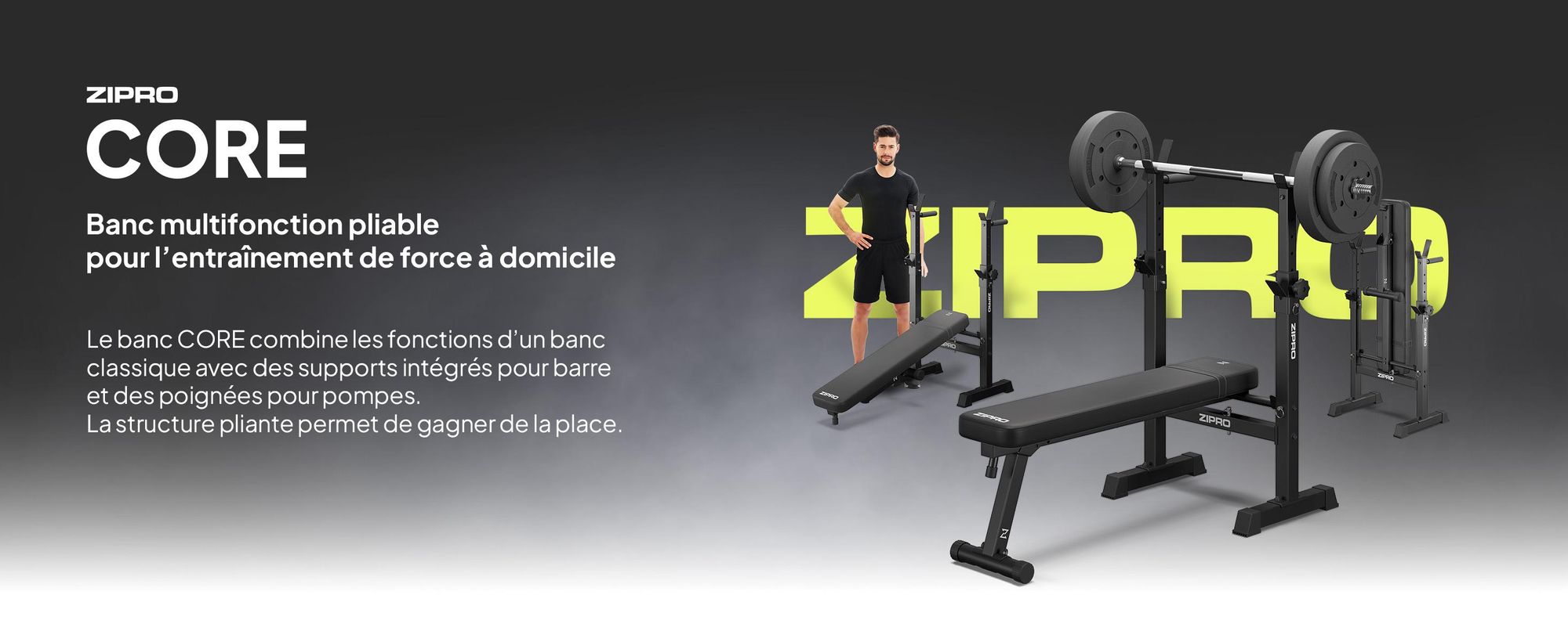 Banc de musculation Zipro avec support pour haltères Core – Banc de musculation pliable pour développé couché Banc plat avec barres de dip Capacité de charge jusqu'à 230 kg Peu encombrant